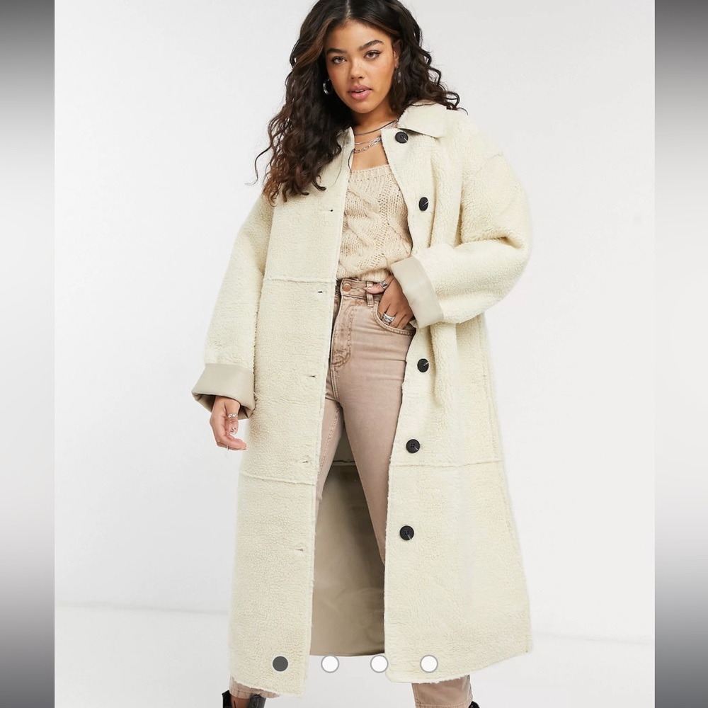 asos design teddy bonded collared coat in cream size 4